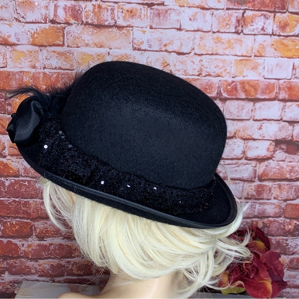 Black Felt Feather and Rhinestone Glam Costume Bowler Hat - Picture 8 of 10